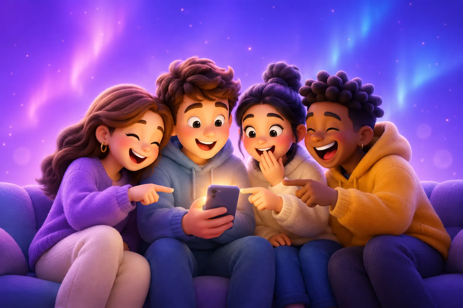 Friends laughing together while playing Fibly on a phone